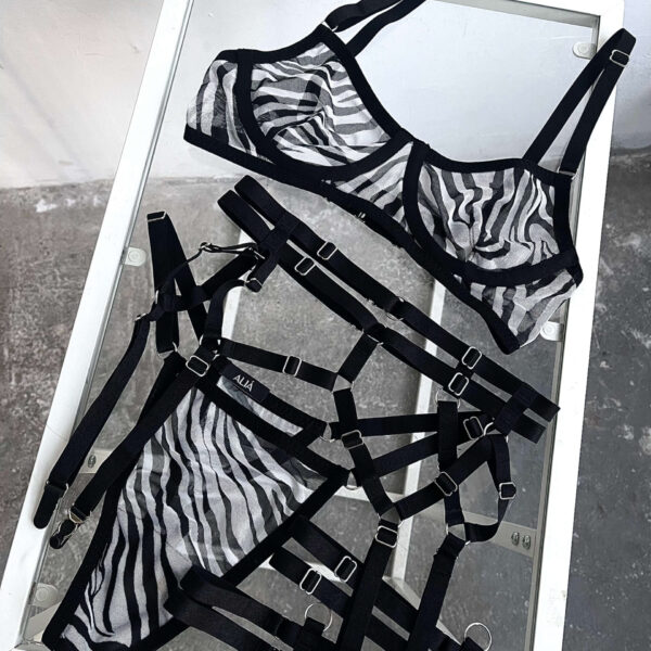 ZEBRA SET | nowość zestaw z siateczki ze wzorem zebry: biustonosz, majtki i pas