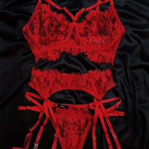 Czerwony koronkowy zestaw GRACE SET | biustonosz, majtki, pas