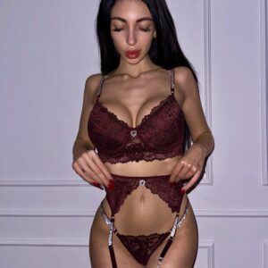 VELVET SET | bordowy koronkowy błyszczący zestaw z pasem